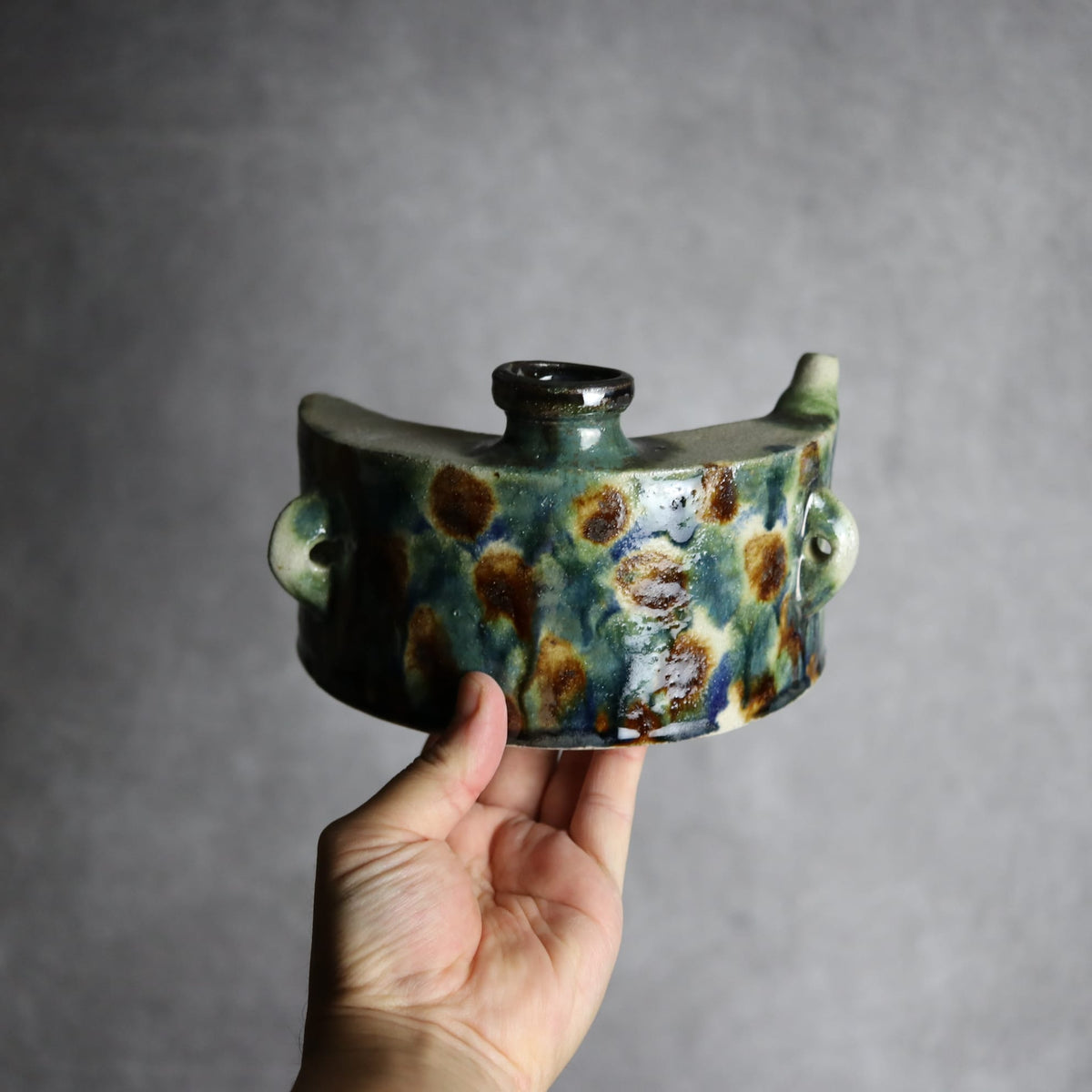 抱瓶1 三彩 格子点打 やちむん 陶器 榮一工房